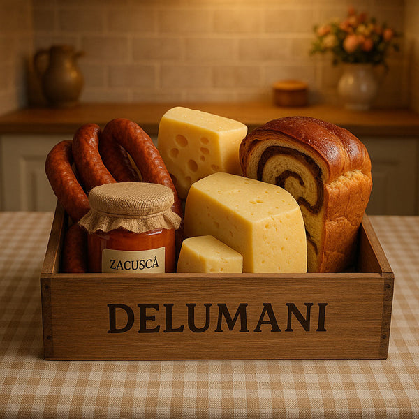 Rustieke houten kist met Roemeense specialiteiten – worst, kaas, zacuscă en cozonac – op een keukentafel met DELUMANI-label.