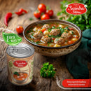Ciorba de Perisoare Scandia Sibiu in a can, traditional Romanian soup with meatballs and vegetables, ready to serve.