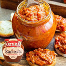 Traditional Zacusca Munteneasca conserve by Olympia, featuring a jar of homemade-style vegetable spread with colorful ingredients.